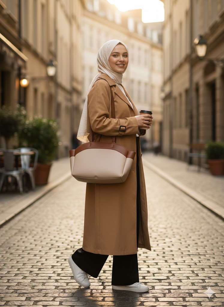 شنطة يد نسائية بتصميم عصري - جلد أصلي بلمسة مميزة - بيچ * جملى